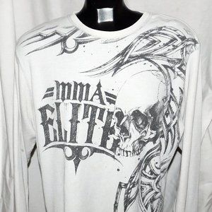 MMA Elite Long Sleeved Waffle T shirt Skull Graphics Front & Back Off White EUC